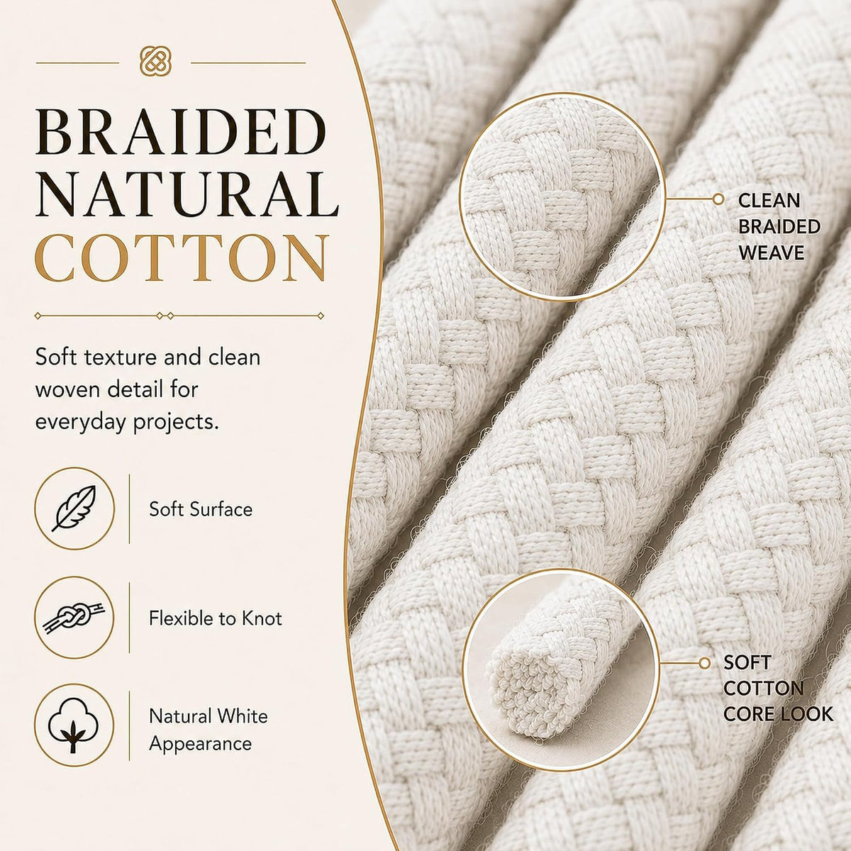 Yuzenet cotton rope displayed in unbleached beige color for DIY crafts