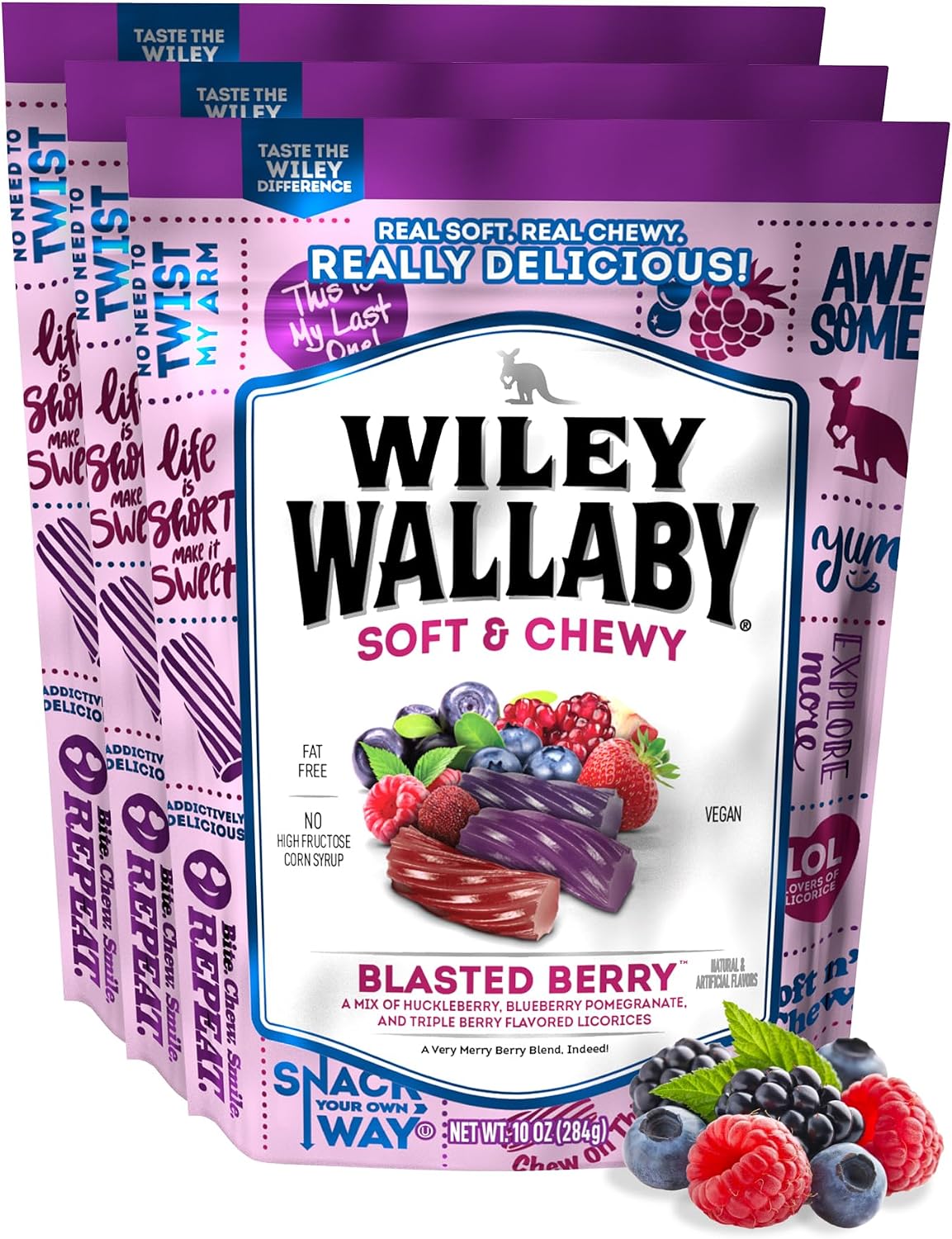 Wiley Wallaby fat free and kosher certified gourmet licorice twists close up.