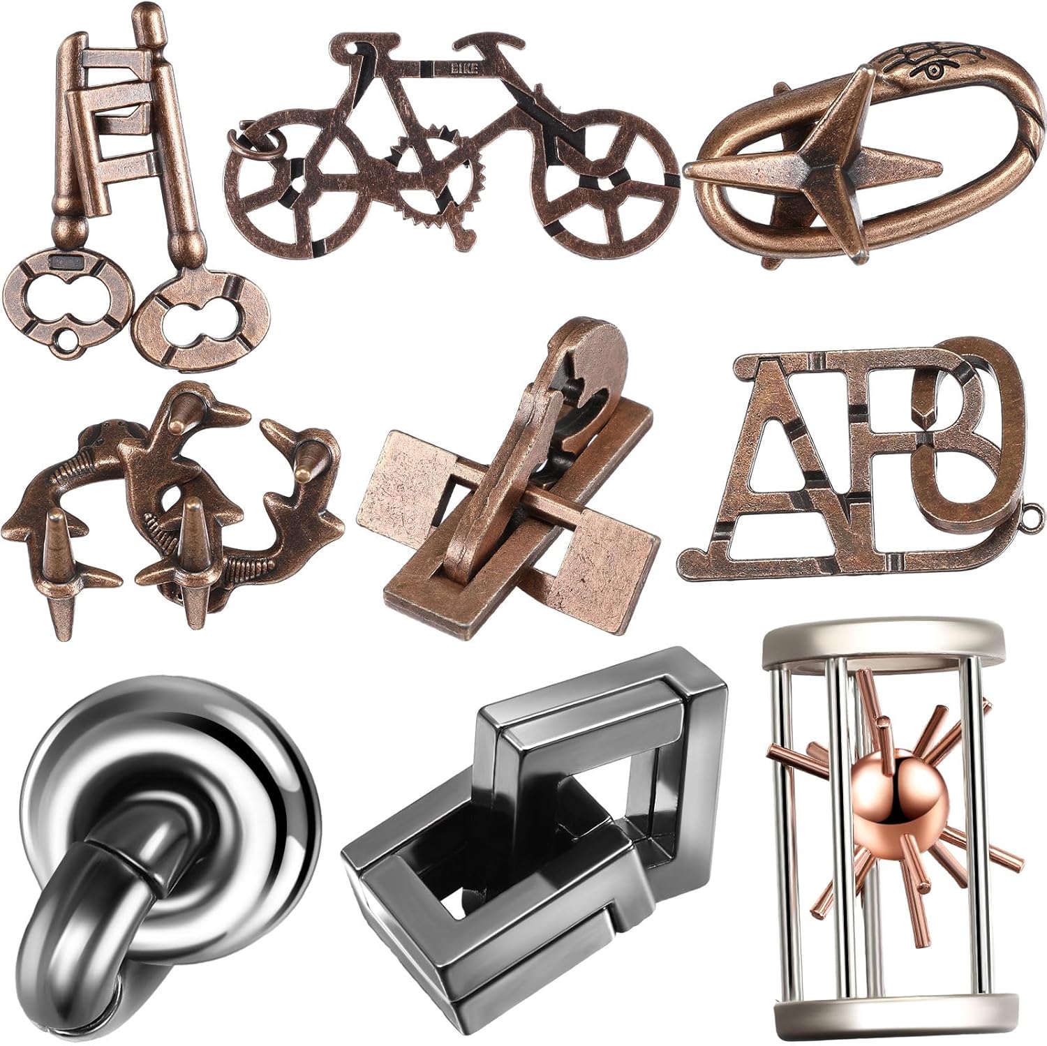 Wettarn nine piece metal brain teaser puzzles front view displaying premium stainless steel interlocking shapes.