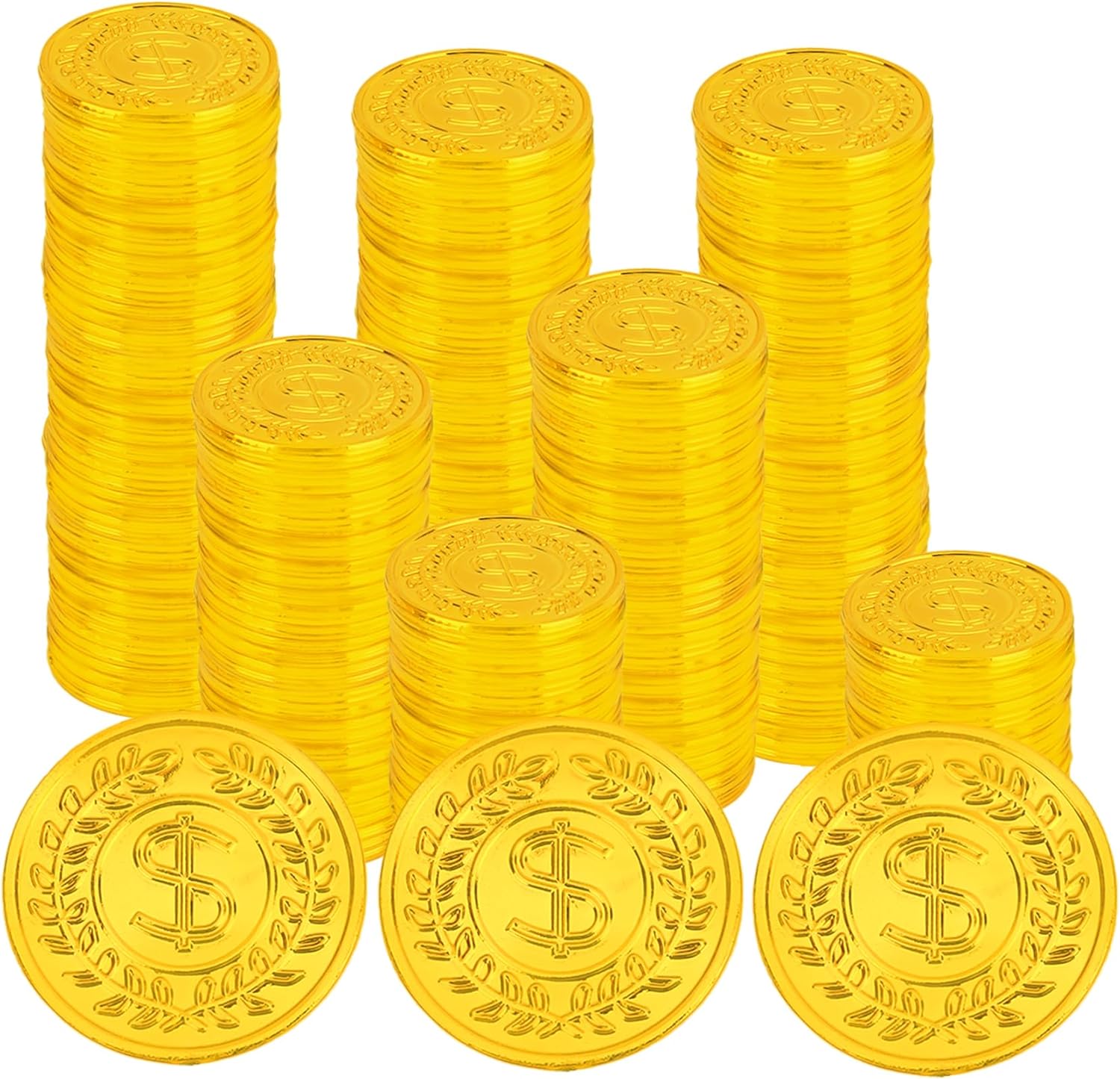 WSepascI plastic gold coins bulk set front view for pirate theme parties
