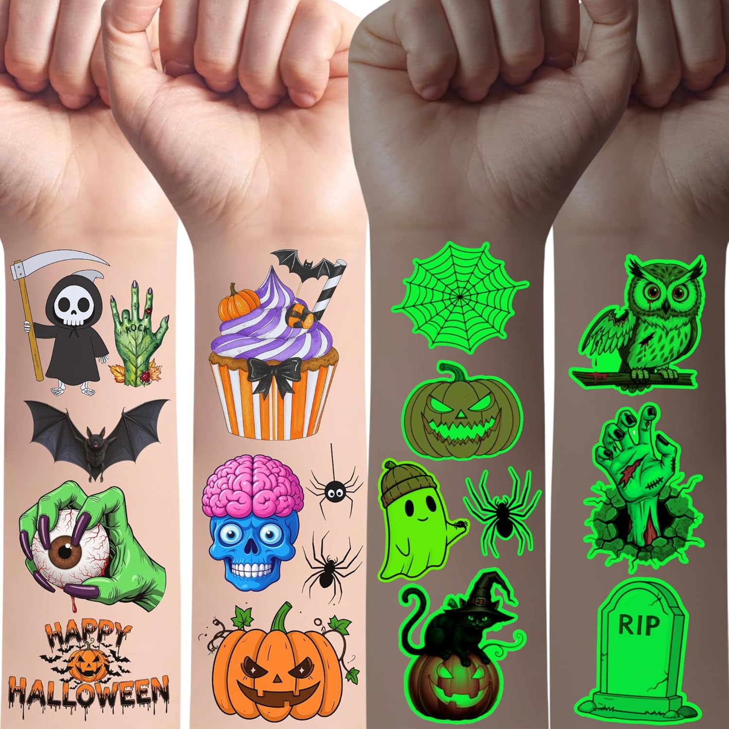 Skedimu Luminous Halloween Temporary Tattoos front view pack of sixty pieces