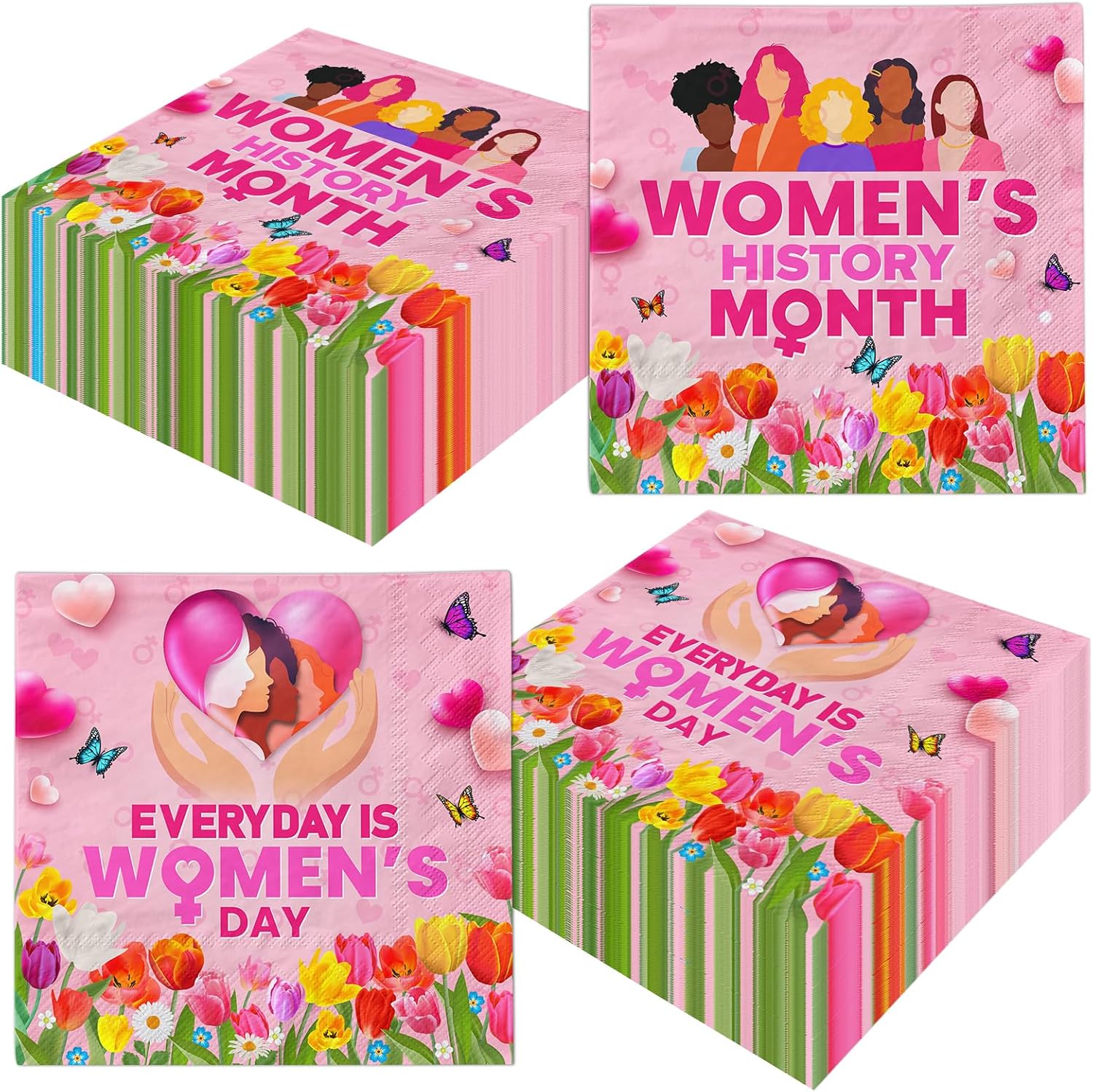 Teenyyou Womens History Month Decorations Napkins front view showcasing diverse female illustrations and tulip patterns