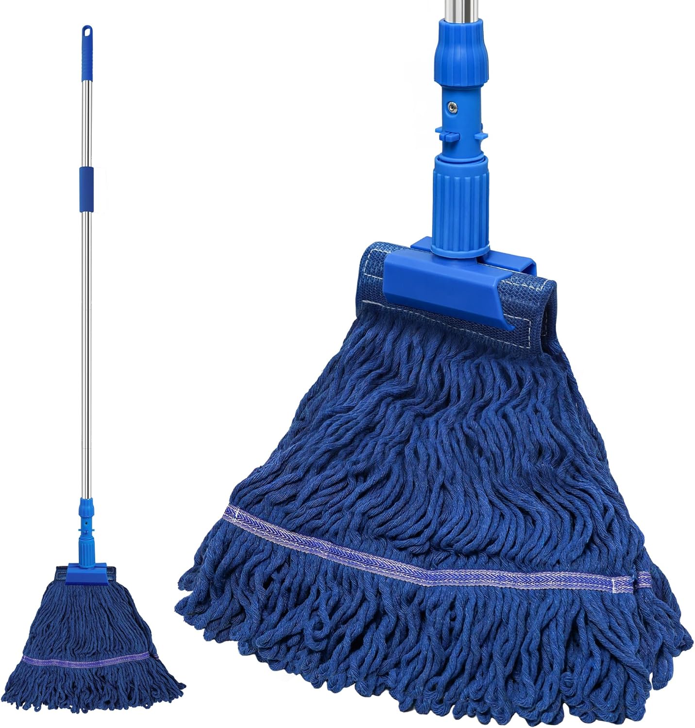 NEWE commercial mop front view showing heavy duty industrial blue string head and long handle for floor cleaning