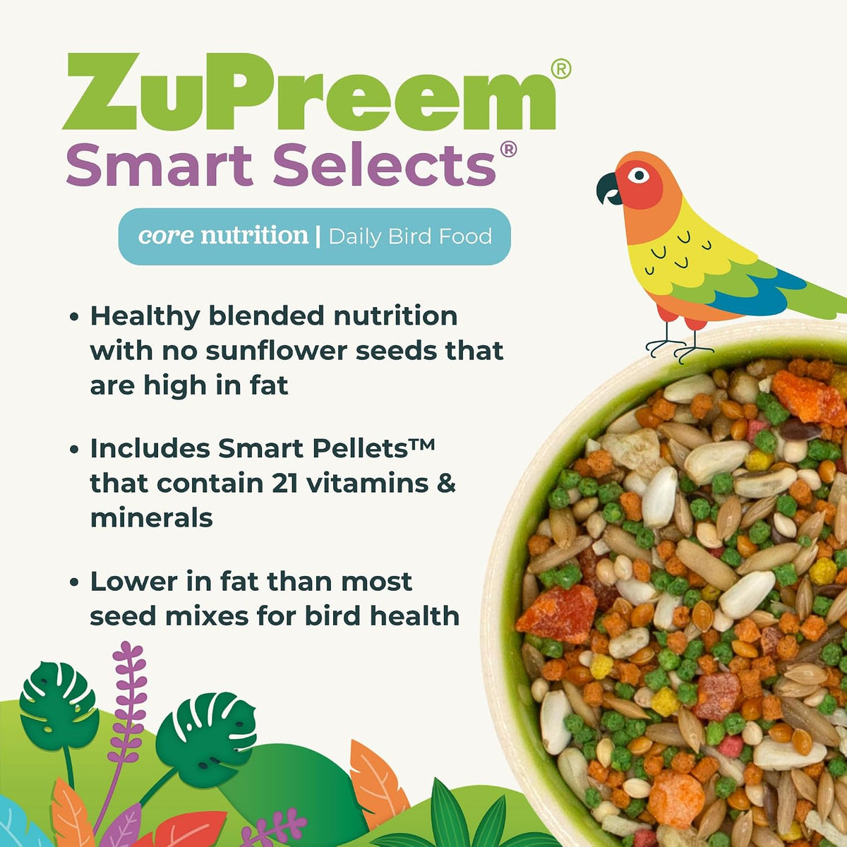 ZuPreem small bird food pellets and seed blend in bowl