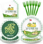 Greencian Masters Golf Party Decorations tableware set front view featuring green and yellow plates and napkins.