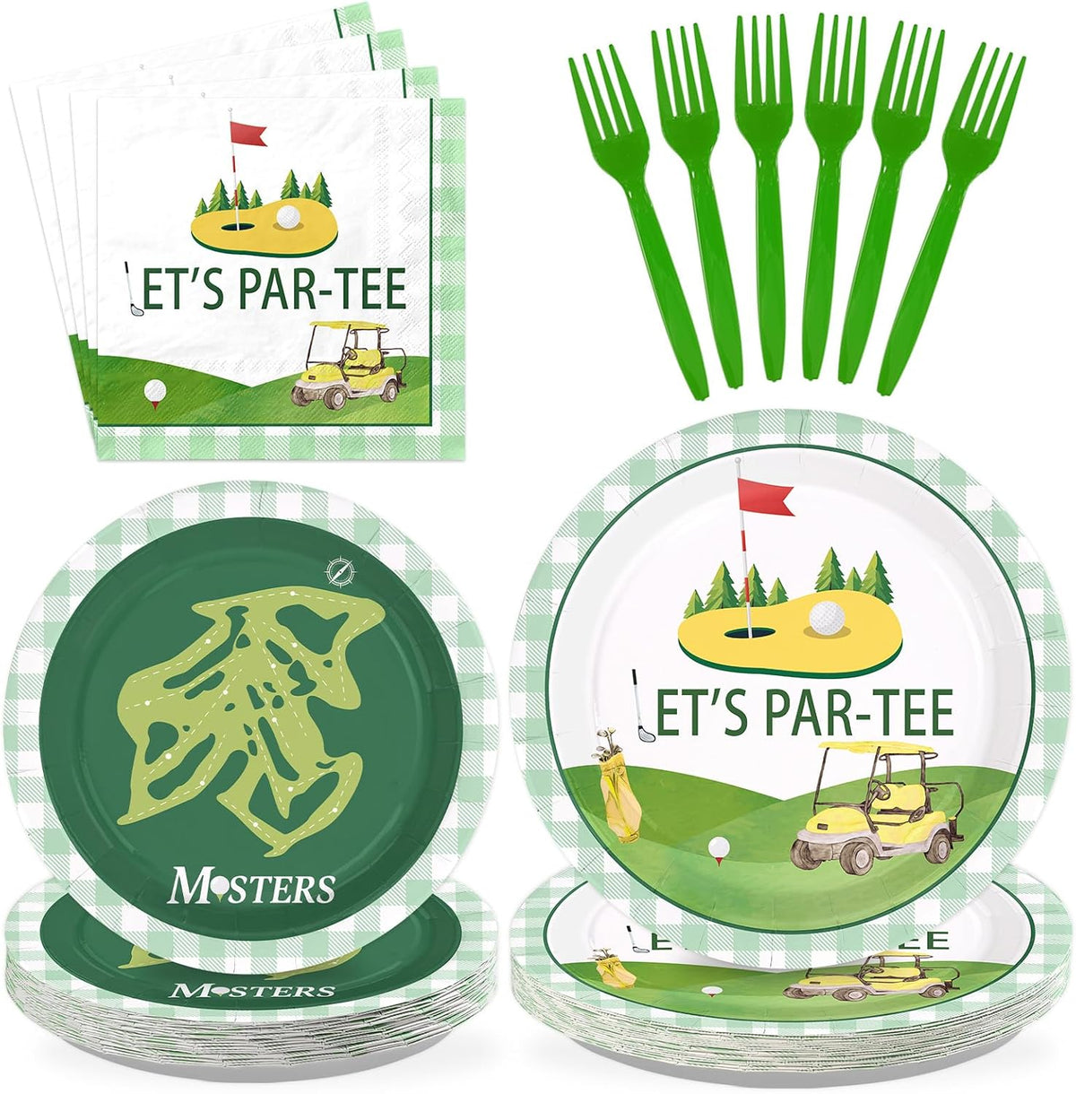Greencian Masters Golf Party Decorations tableware set front view featuring green and yellow plates and napkins.