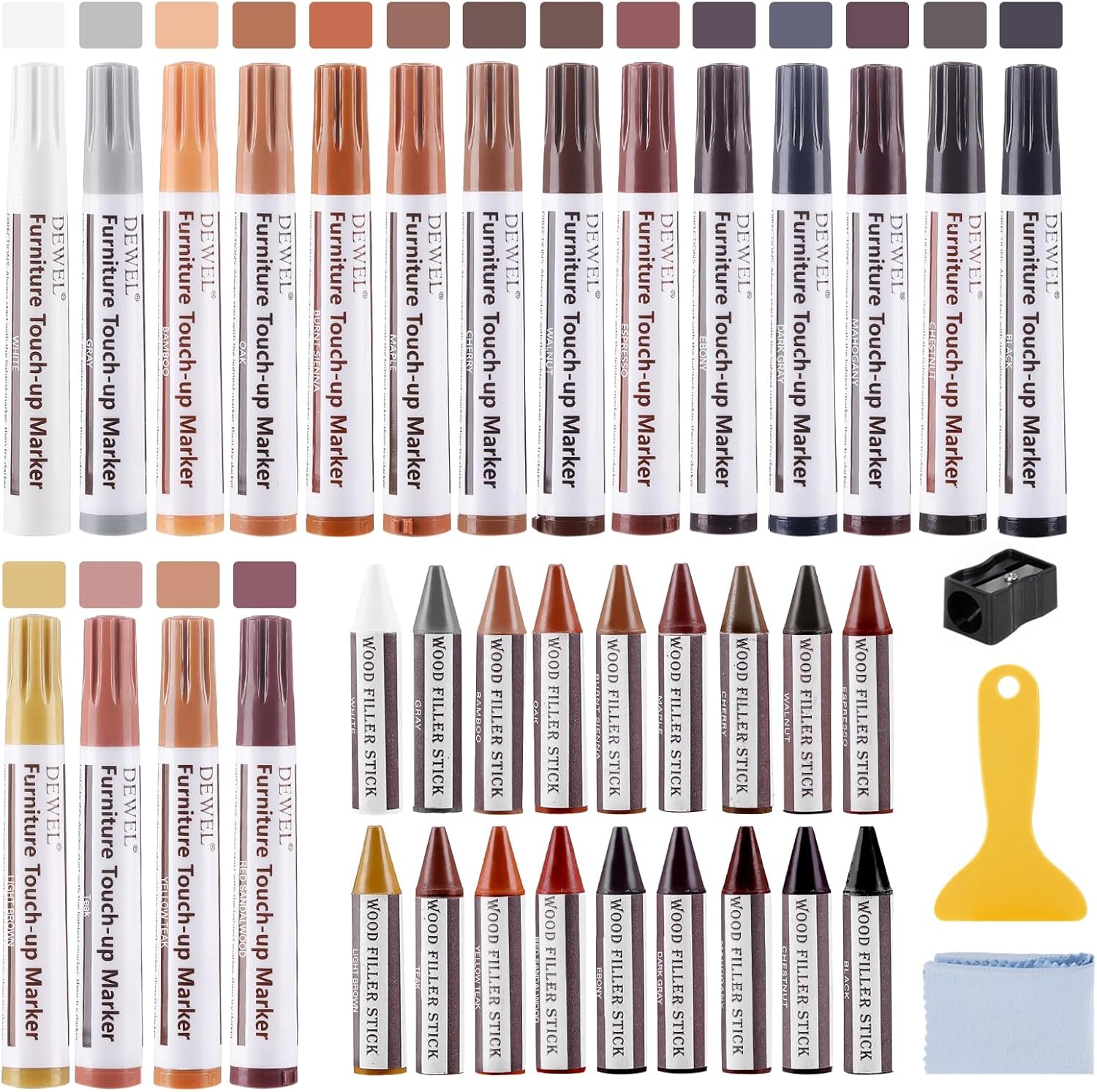 DEWEL Wood Markers Furniture Repair Kit front view 18 color set for scratch restoration.