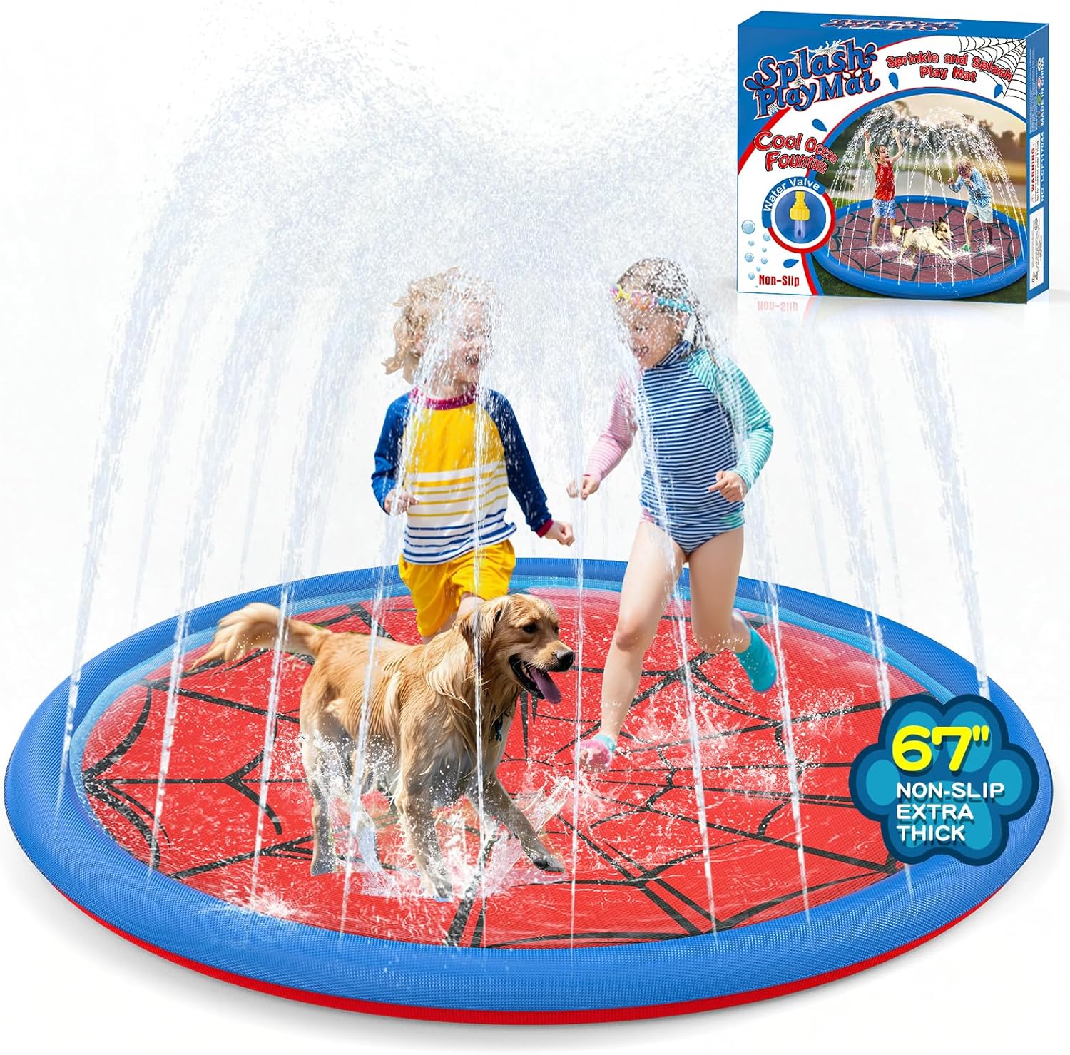Betheaces non slip splash pad front view showing red and blue outdoor sprinkler design