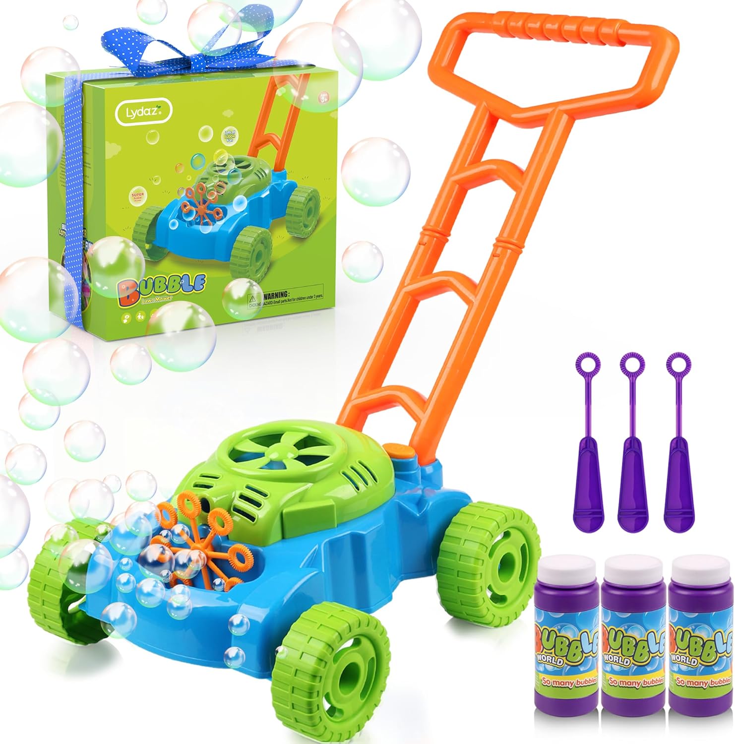 Lydaz Bubble Lawn Mower front view showing the green and blue plastic body and large wheels.