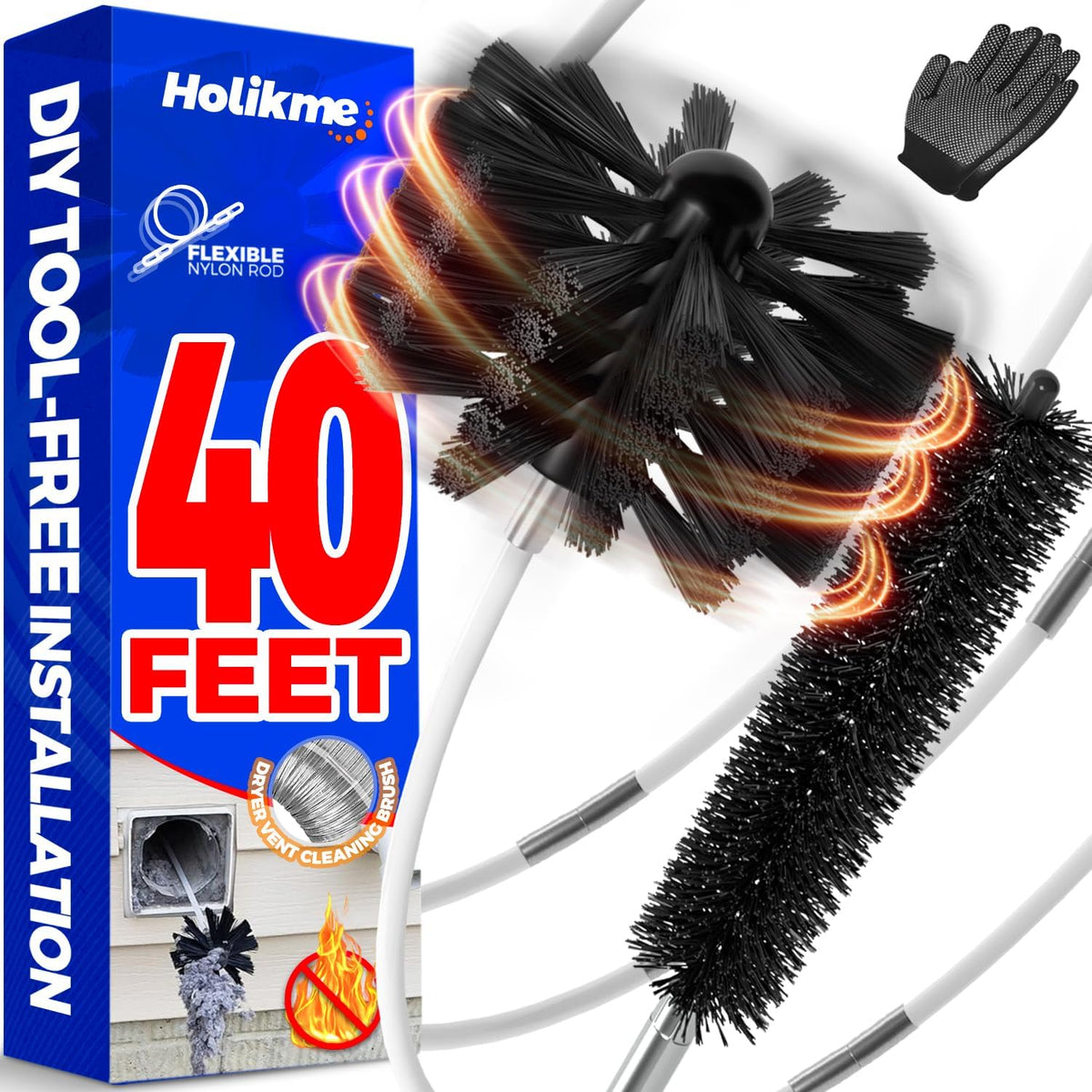 Holikme 40 Feet Dryer Vent Cleaner Kit front view showing flexible rods and brush head