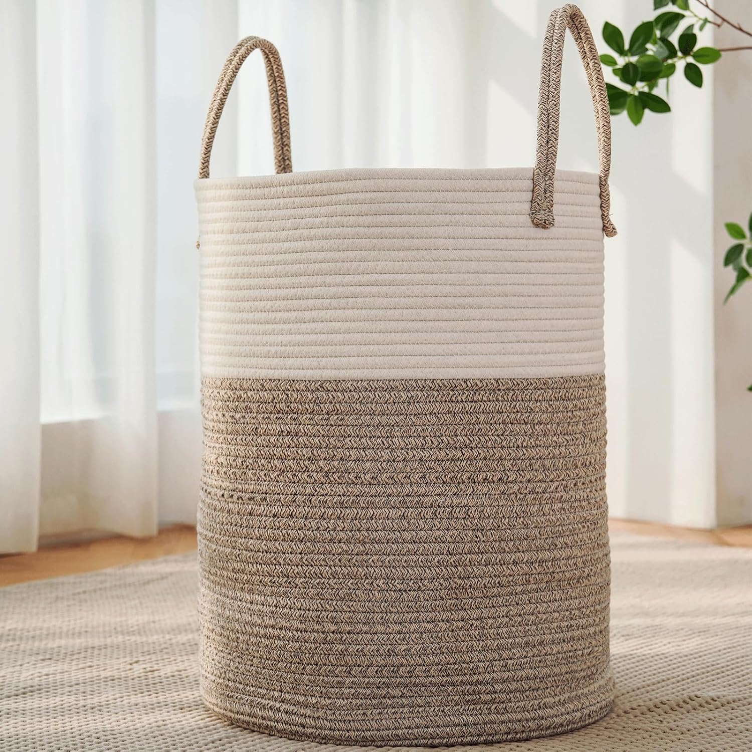 Jmvicyroam large woven cotton rope laundry hamper front view