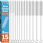 AZEN 15 pack straw cleaner brush set front view showing five different bristle sizes