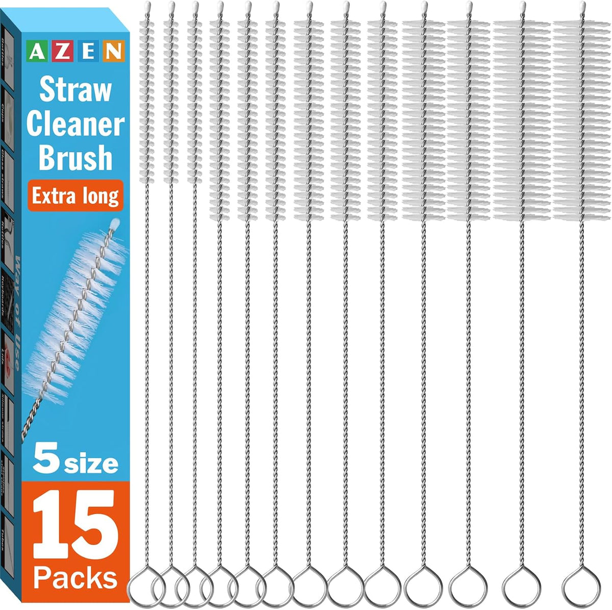 AZEN 15 pack straw cleaner brush set front view showing five different bristle sizes
