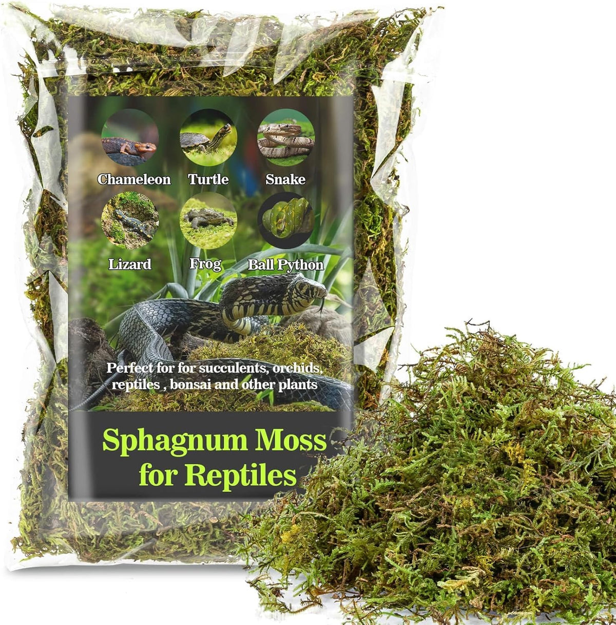 Sukh Sphagnum Moss for Reptiles five ounce pack front view showcasing green dried peat moss packaging