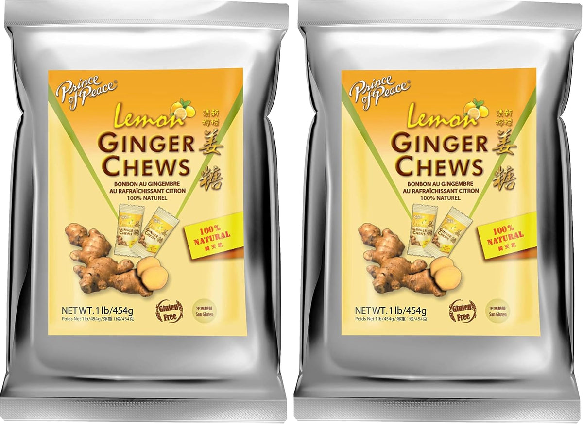 Open bag showing chewy lemon ginger candies ideal for travel stomach comfort