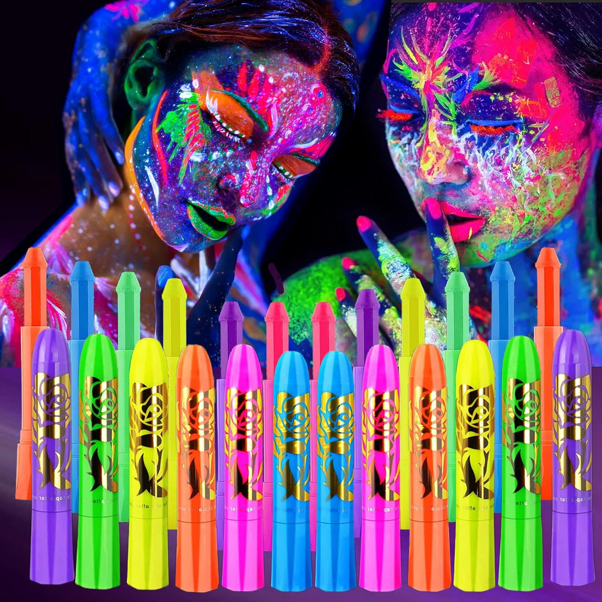 Eyigylyo glow face and body paint sticks twelve count package front view showing neon color selection