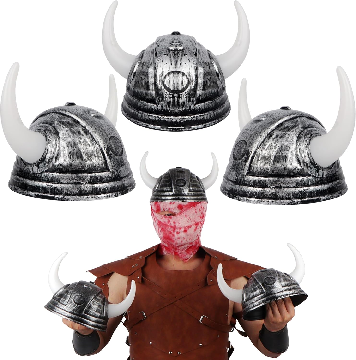 Solrowasun Viking horns helmets front view showcasing antiqued silver-grey metallic finish and white horns costume prop