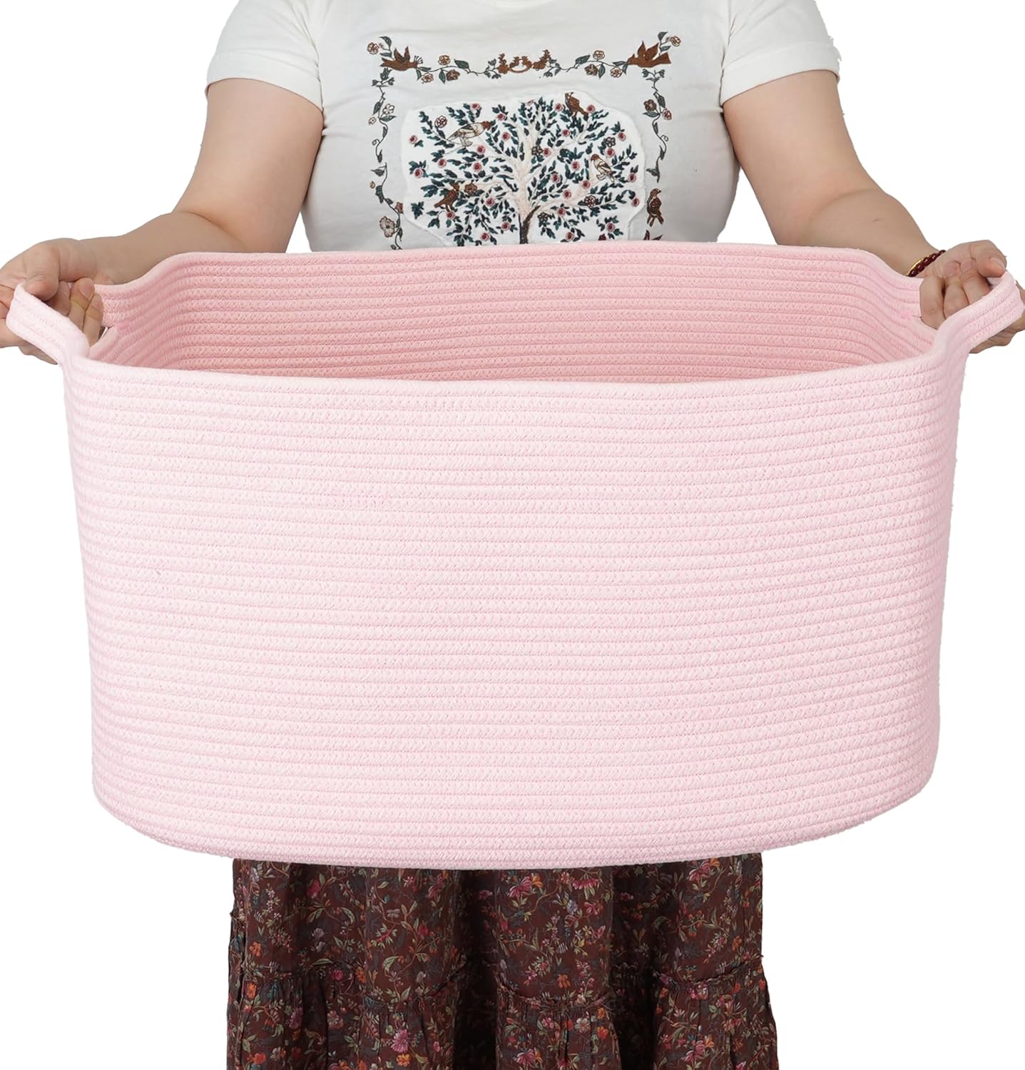 Xuanguo large pink rectangle cotton rope blanket basket front view