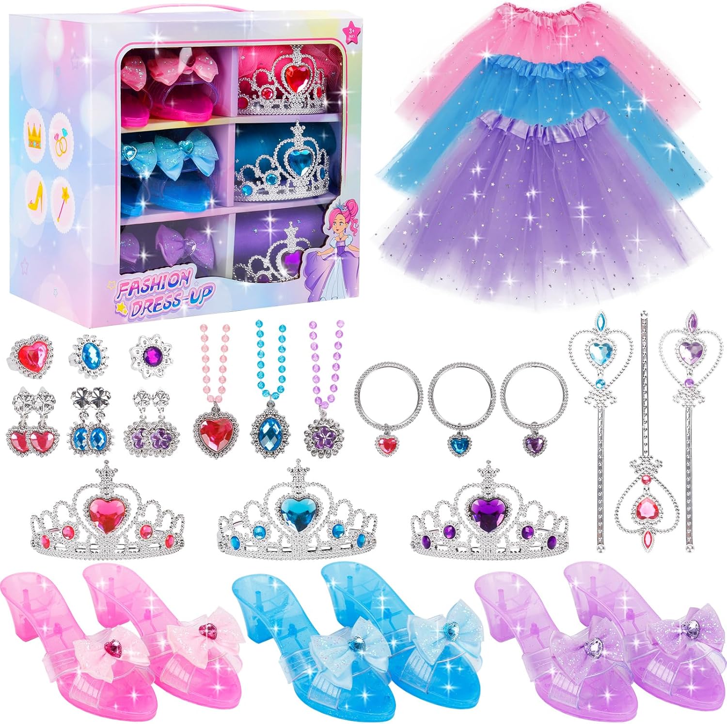 DOUEUREL princess dress up toy set front view containing colorful skirts and toddler shoes