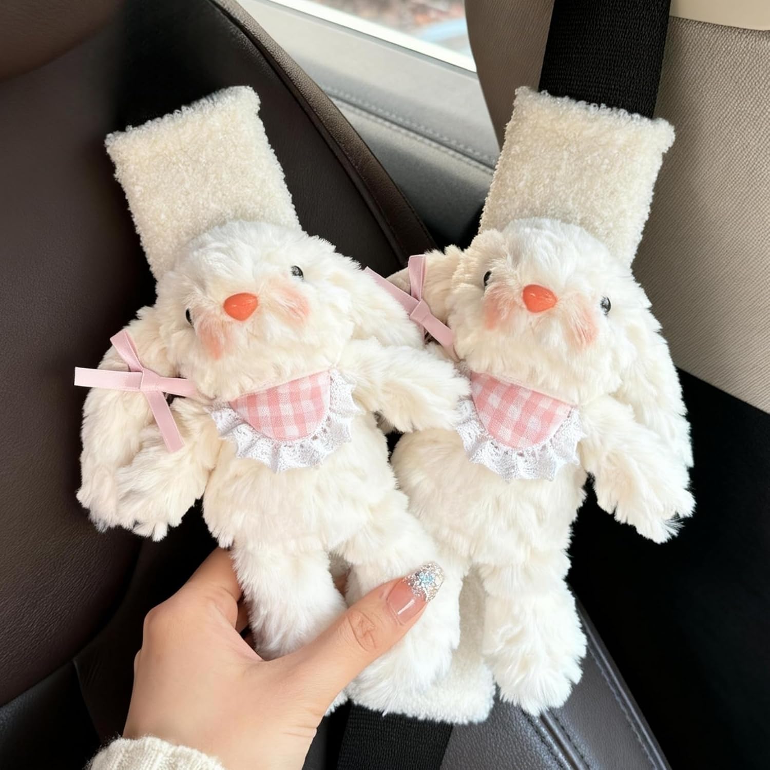 Zigihos 2 piece pink bunny plush seat belt cover pads