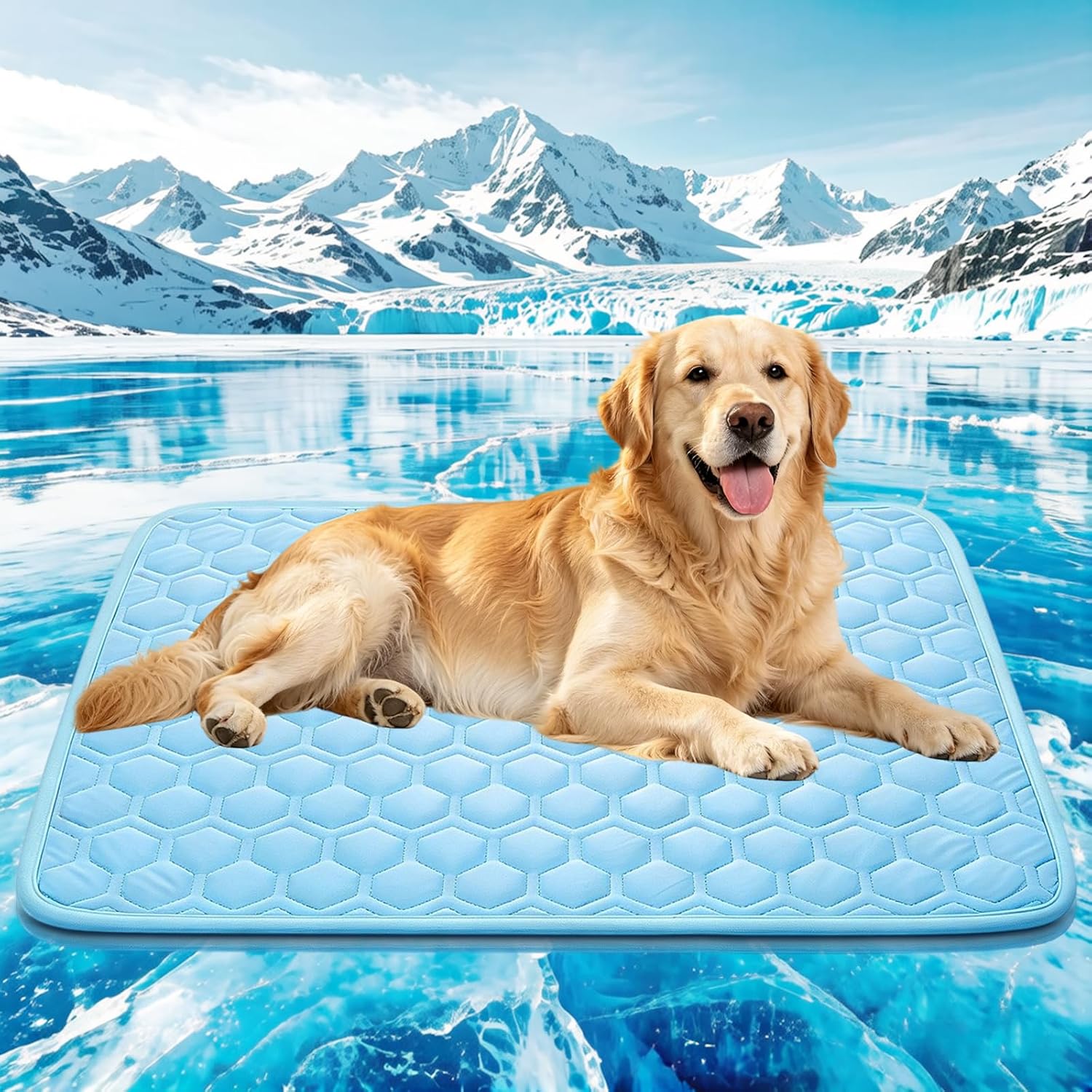 Zomisia dog cooling mat front view displaying the light blue breathable honeycomb pattern texturing.