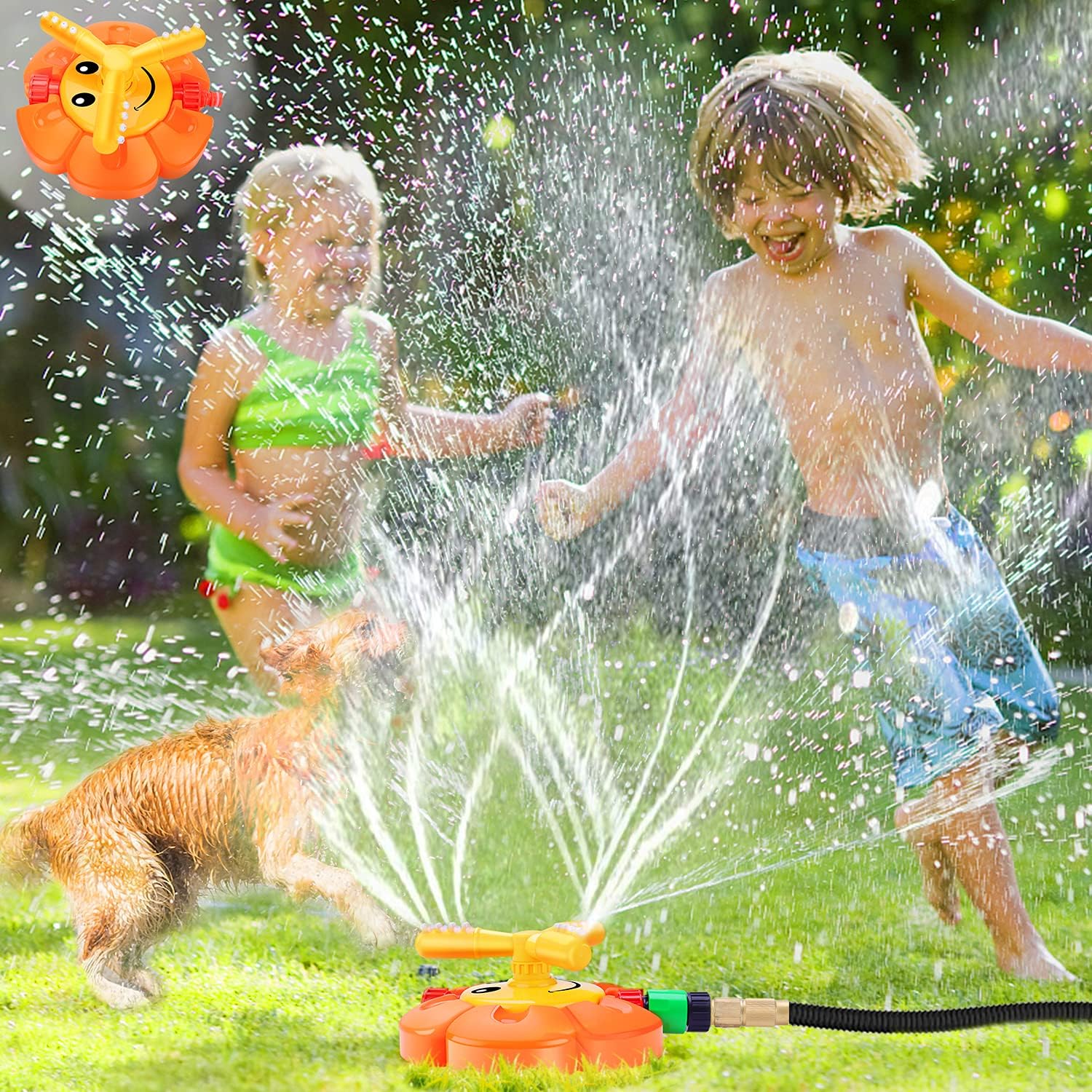 AugToy kids water sprinkler front view of yellow sunflower lawn toy