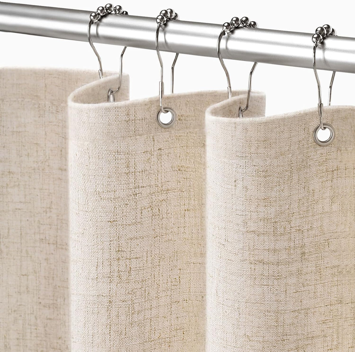XOGUIBO Linen Shower Curtain Beige front view installed on a bathroom rod