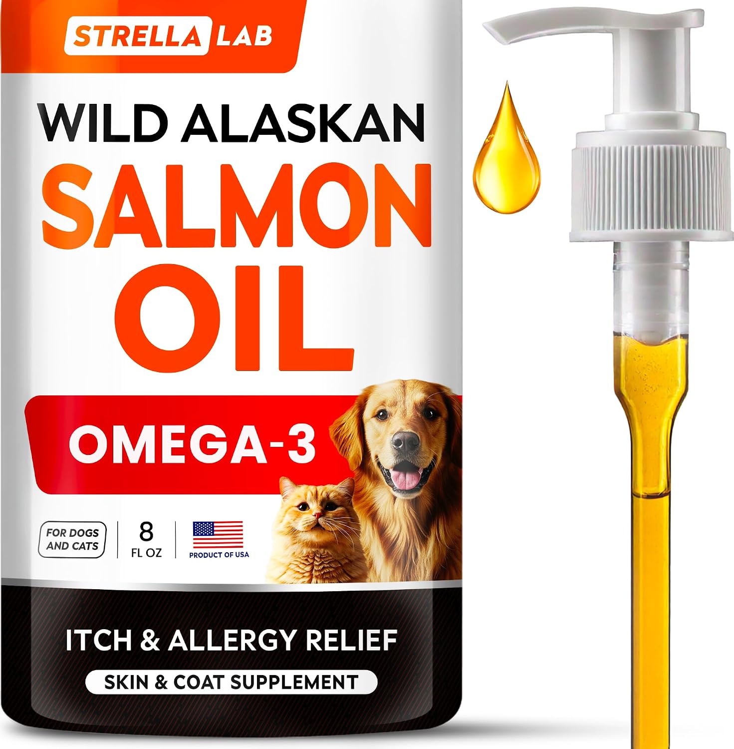 StrellaLab Salmon Oil liquid pet supplement front view for skin and coat care.