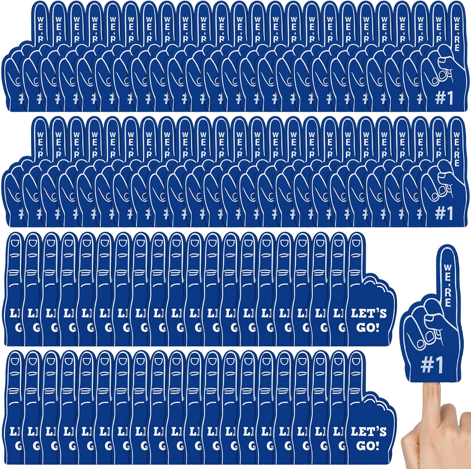 Sinmoe mini foam finger football party favors front view featuring vibrant orange sports fan hands.