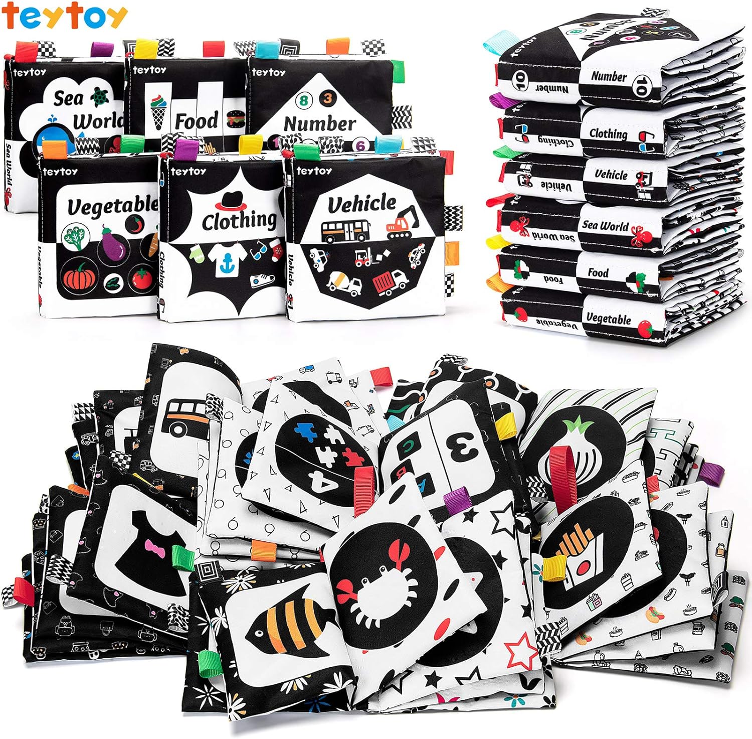 Teytoy baby soft cloth book set front view showing black and white high contrast educational illustrations for newborns