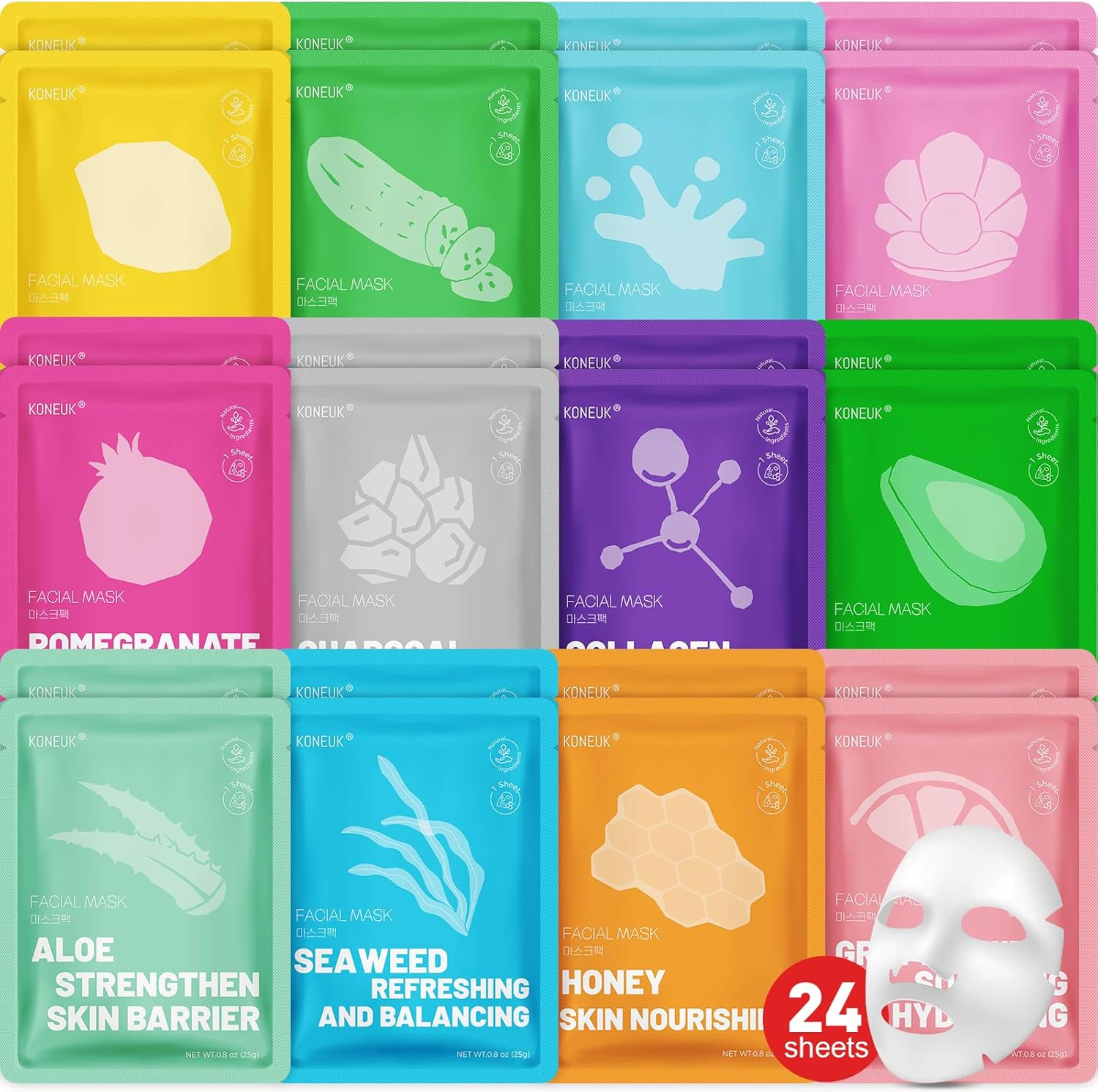 KONEUK 24 Pack Sheet Hydrating Face Masks Skincare assortment with 12 ingredient types