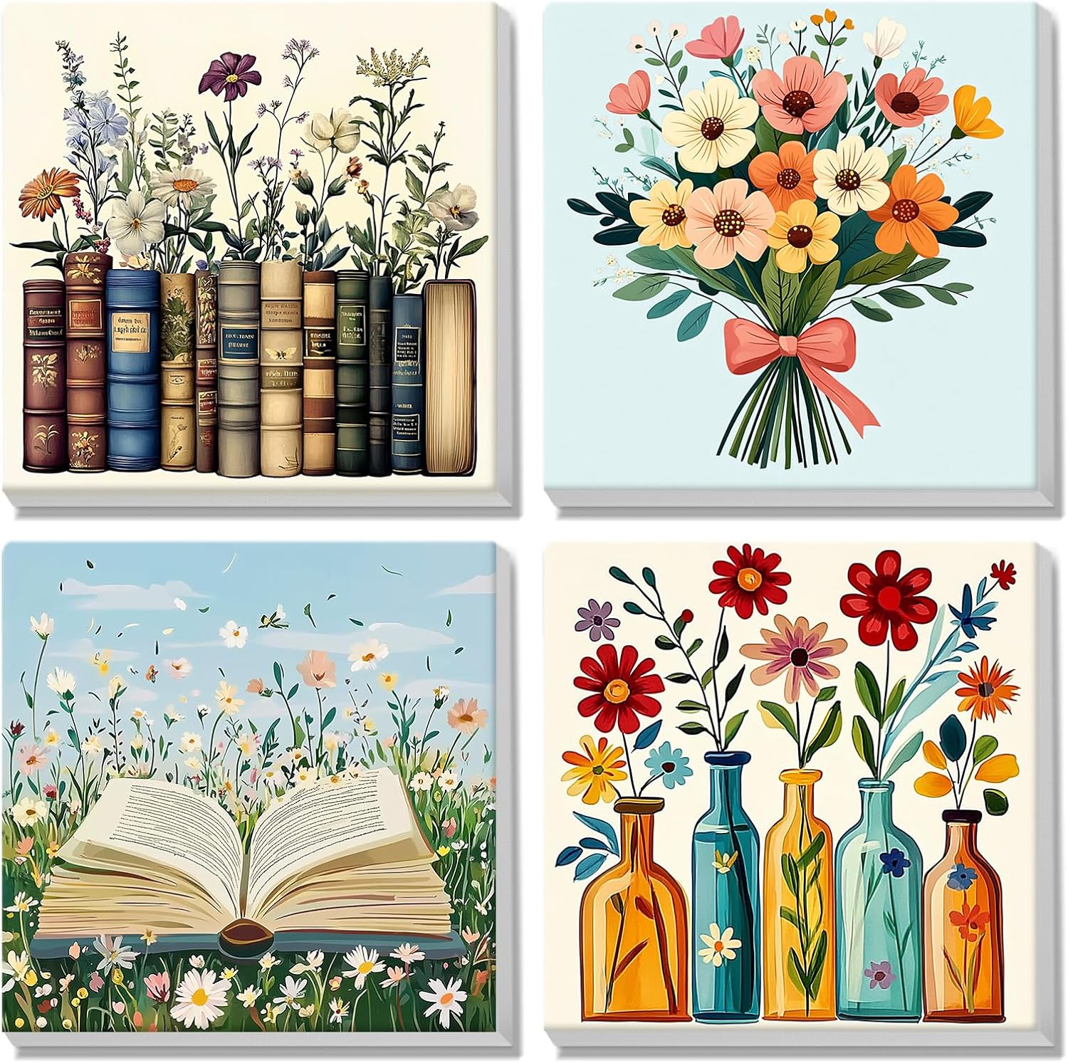 MISCER 4 Pack Flower Paint by Numbers front view displaying four botanical canvas designs