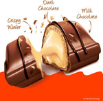 Close up view of Kinder Bueno Mini milk chocolate bar showing the textured drizzle.
