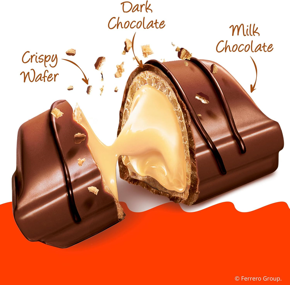 Close up view of Kinder Bueno Mini milk chocolate bar showing the textured drizzle.