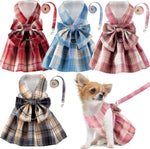 Potchen plaid dog dress harness and leash set front view on small puppy.