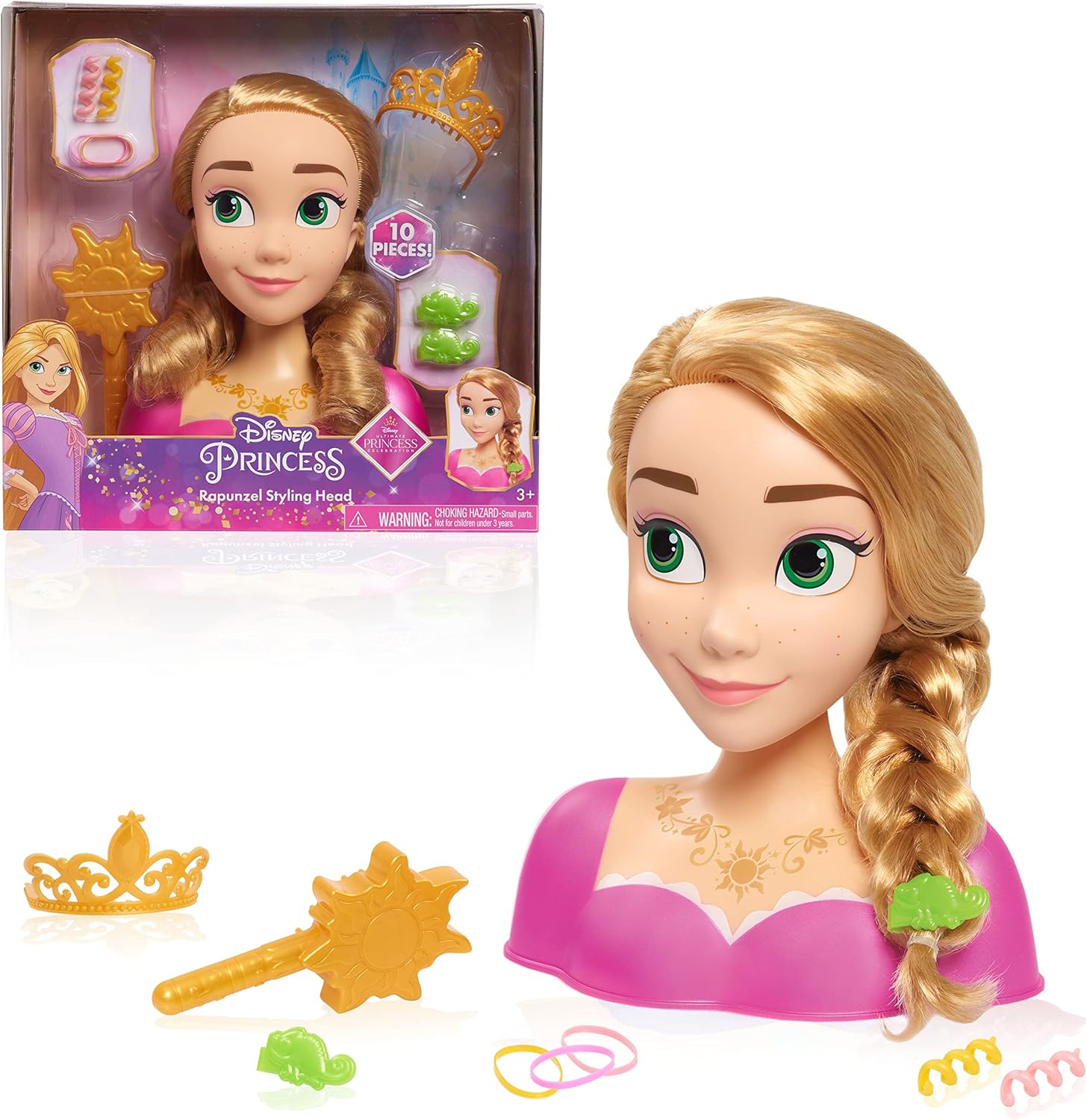 Disney Princess Rapunzel styling head front view showing long blonde hair and tiara.