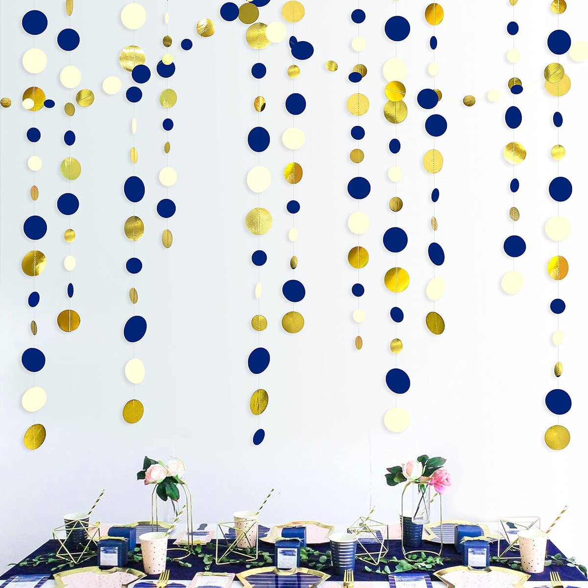 Pinkblume navy blue and gold circle dots garland front view hanging party decorations