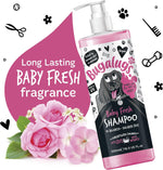 Close up of Bugalugs baby powder scented dog shampoo branding
