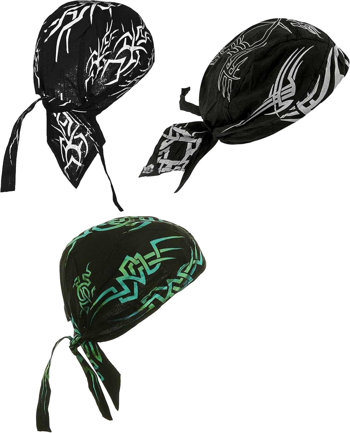 Buy Caps and Hats motorcycle biker skull caps 3 set front view showing tribal patterns