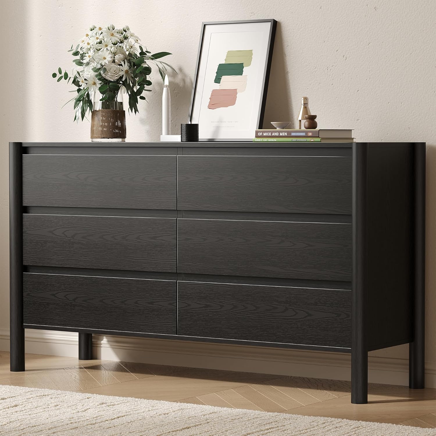 Chuwell 6 drawer black dresser front view in modern bedroom