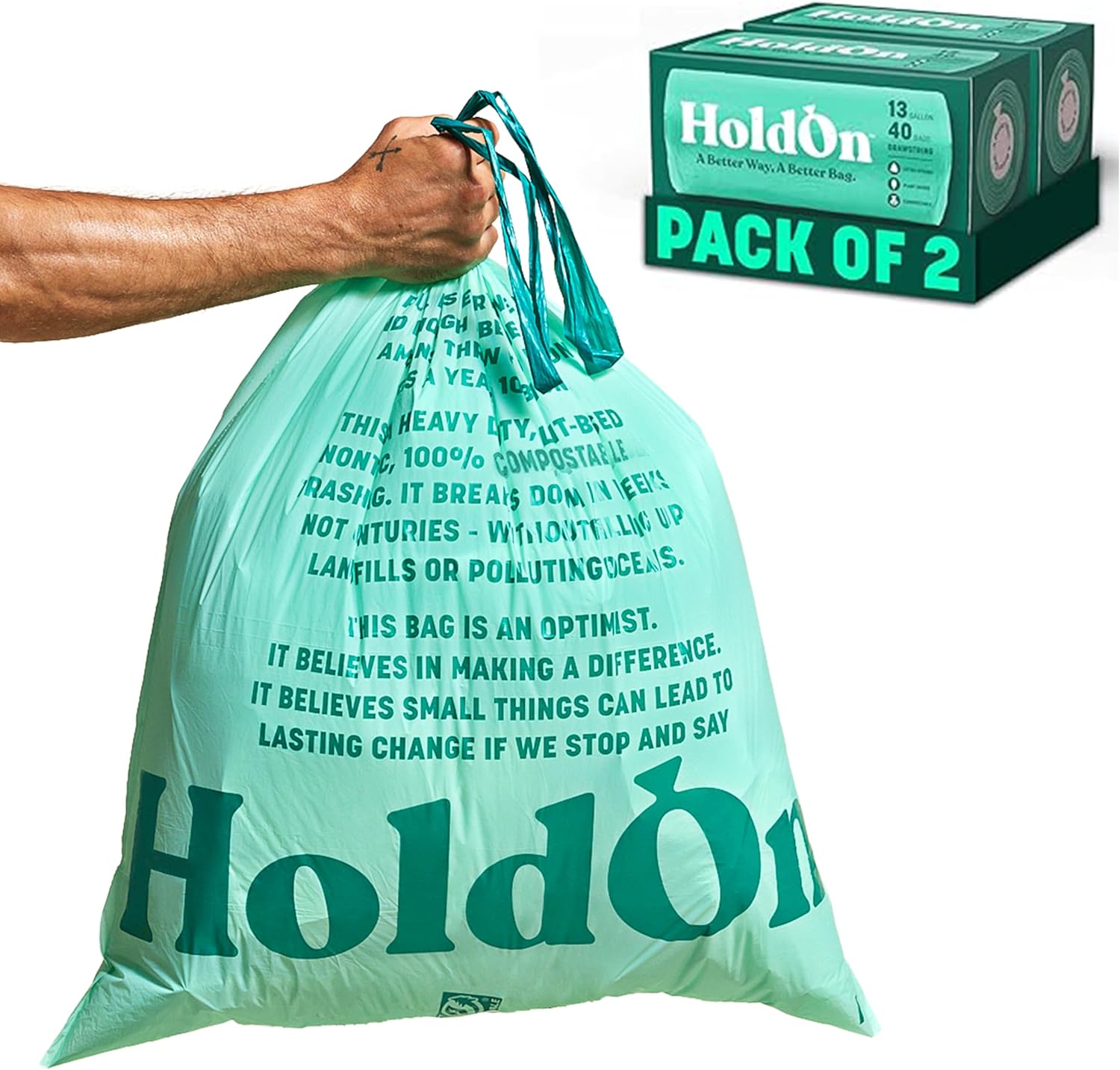 HoldOn Compostable Tall Kitchen Trash Bags front view pack of two