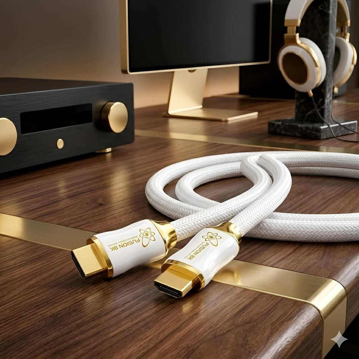 Fusion8K White HDMI 2.1 Cable coiled 15-foot braided cord