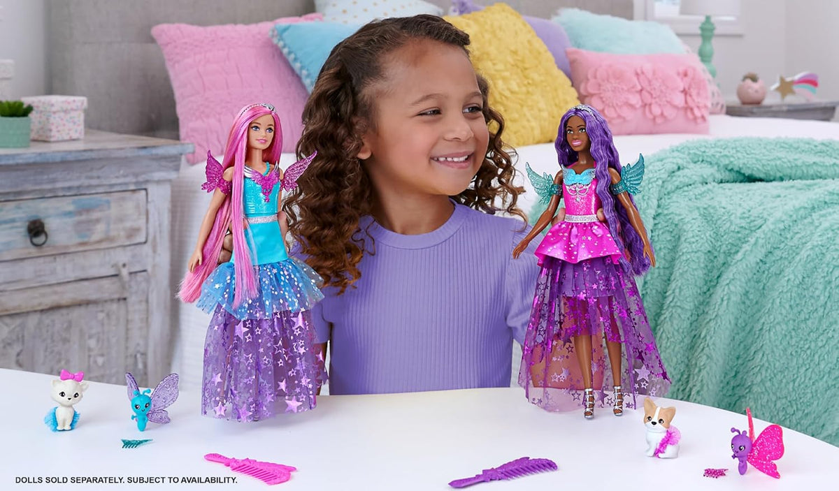 Barbie Brooklyn doll showing seven inch purple hair and wing dress