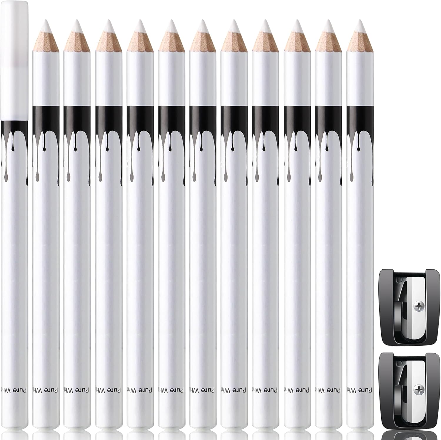 Noerrors 12Piece White Barber Pencil Set front view displaying pencils and sharpeners for professional hairline design