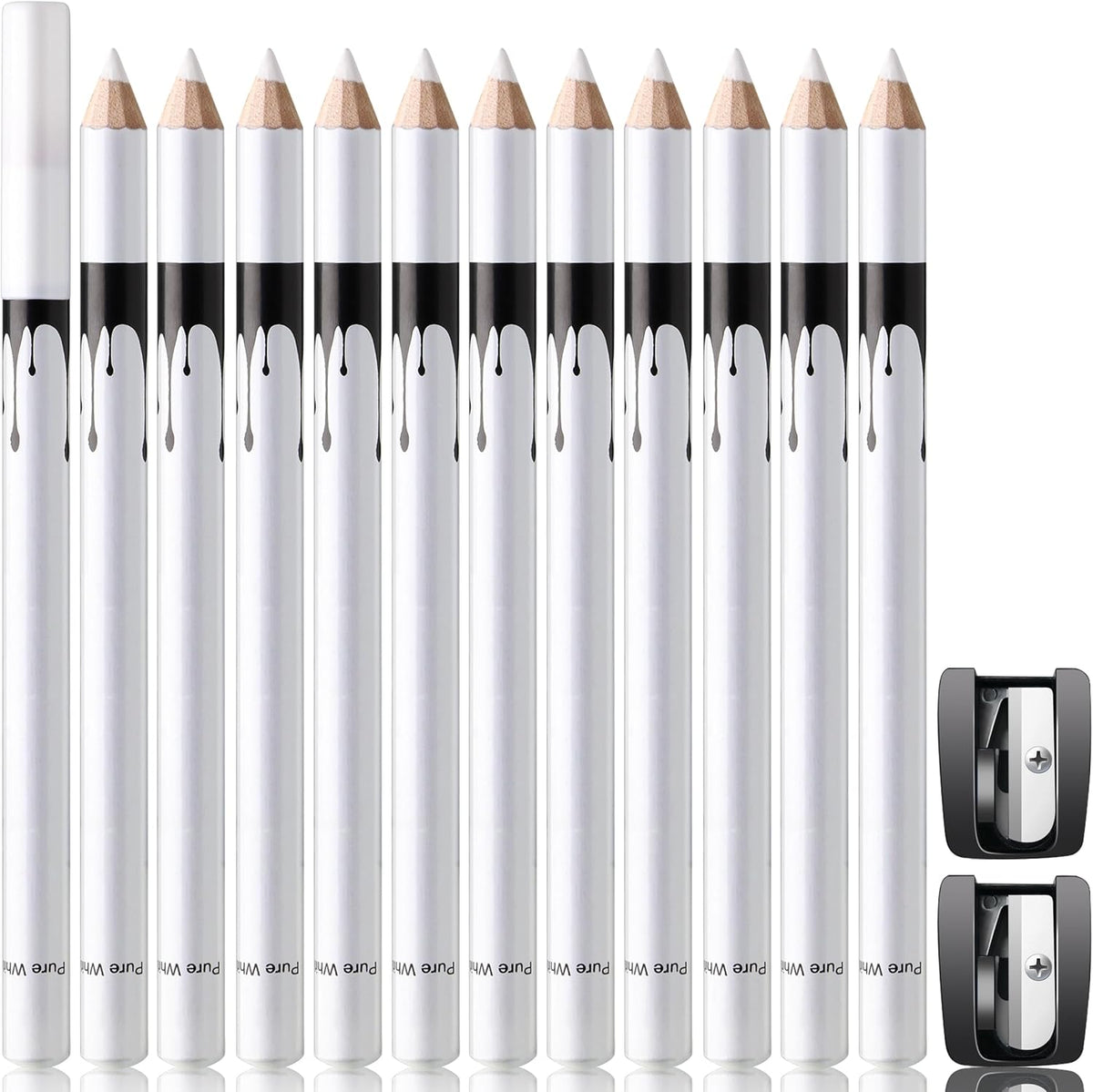 Noerrors 12Piece White Barber Pencil Set front view displaying pencils and sharpeners for professional hairline design