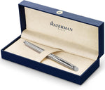 Waterman fountain pen front view showcasing stainless steel barrel and chrome trim.