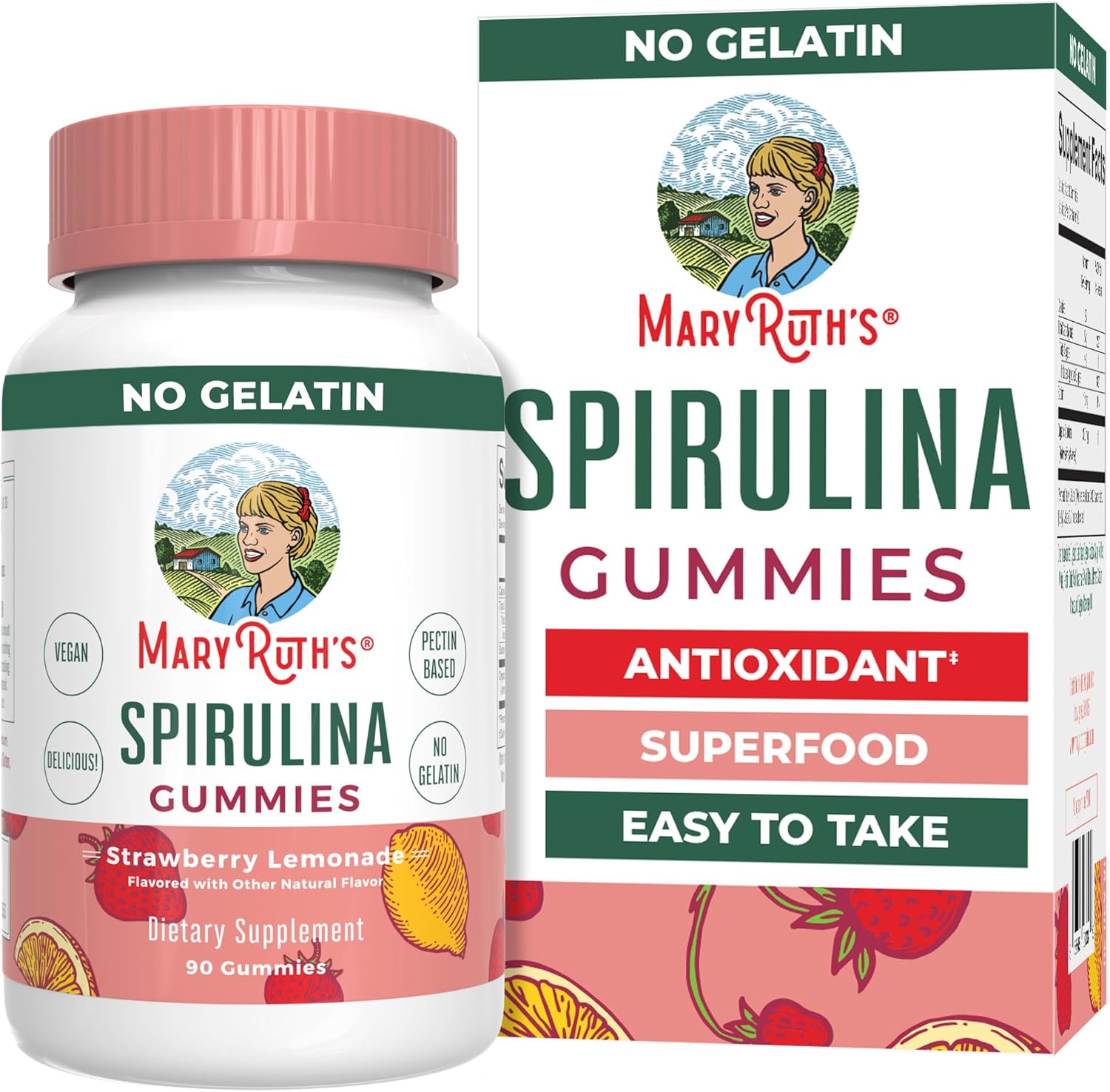 MaryRuth Organics Spirulina Gummies 90 Count front view bottle showing strawberry lemonade vegan superfood supplement