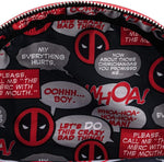 Loungefly Deadpool bag top angle view showing carry handle and sturdy zipper closure.