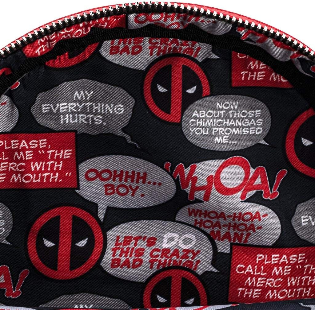 Loungefly Deadpool bag top angle view showing carry handle and sturdy zipper closure.