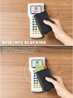 Vulkit slim pocket business card case showing side trigger mechanism